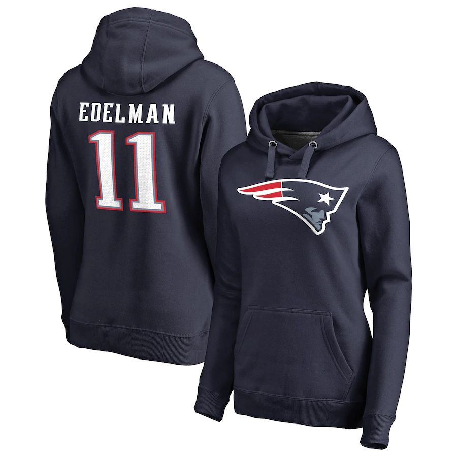 Women New England Patriots #11 Julian Edelman NFL Pro Line by Fanatics Branded Navy Player Icon Name & Number Pullover Hoodie->women nfl jersey->Women Jersey